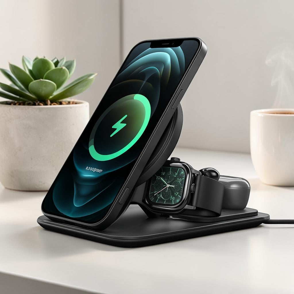 KOVNG 3-in-1 Foldable MagSafe Magnetic Wireless Charger Stand for iPhone, Apple Watch, and AirPods - Compact Travel Companion