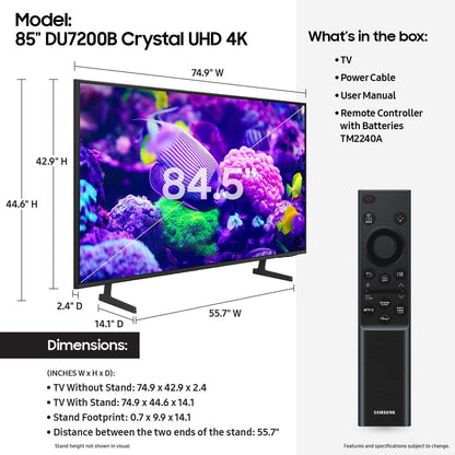 Samsung 85 Crystal UHD 4K Smart TV with PurColor & HDR DU7200B 2024 Model
