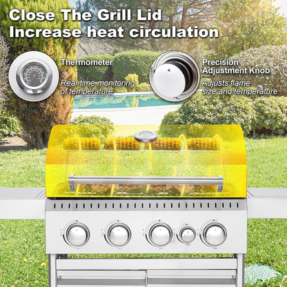 Upgraded 4 Burner BBQ Propane Gas Grill with Cast Iron Grates & Side Stove, 44,000 BTU Stainless Steel Burner Barbecue Grill for Patio, Camping, Outdoor Cooking.