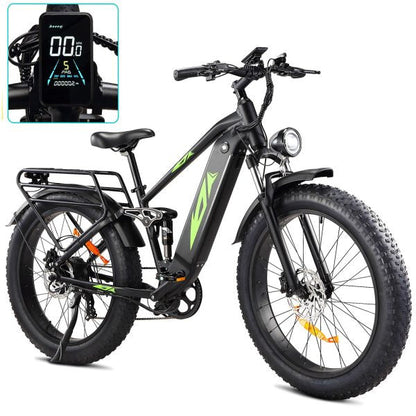 Electric Bike for Adults 1000W, 48V 17.5AH Battery Adult Electric Bicycles, 26 Fat Tire Full Suspension Ebike, 28MPH Mountain Beach E Bike, 7 Speed, 60Miles Range, UL Certified